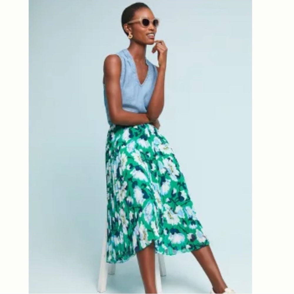 Anthropologie Maeve Blue and Green Floral A-Line Midi Skirt